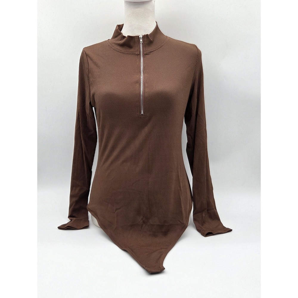 Brown Ribbed Long Sleeve Half Zip Mock Neck Bodysuit Size L 101-514